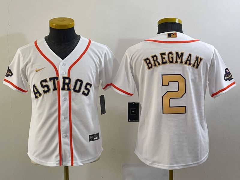 Youth Houston Astros #2 Alex Bregman 2023 White Gold World Serise Champions Patch Cool Base Stitched Jersey->mlb youth jerseys->MLB Jersey